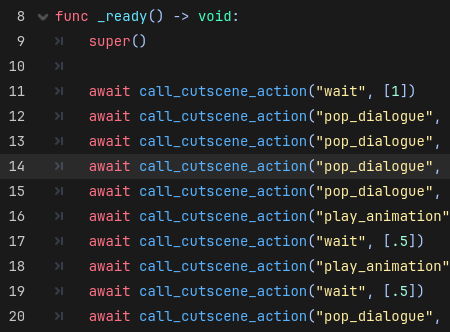 The Godot IDE with several incomplete lines of code. Within the ready function are several lines with 'await call_cutscene_action' and paramaters including 'wait', 'pop_dialogue', and 'play_animation'.