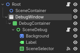 A Godot scene tree. The root node contains a scene container and a debug window. The debug window contains a grid container. Inside the grid container is a scene debug Node.
