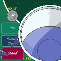 A gameplay screenshot where a HUD indicator reads '42 seconds'. A shark fin on the left side points to 'Stand', with other unselected options 'Hit' and 'Double Down' are available. Another shark fin holds up to the camera a styrofoam cup with water, which covers the majority of the screen.