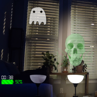 A gameplay screenshot where a ghost and a green skull approach the player. Two lamps at the bottom of the screen are inline with the spirits. A HUD indicator reads '38 seconds' and '92% battery life'.