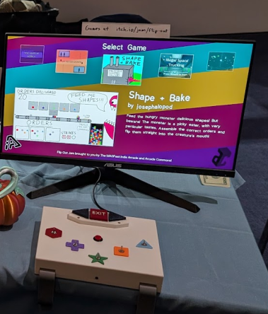 A computer monitor with the Lever Up launcher on screen, behind a box with five switches and a button.